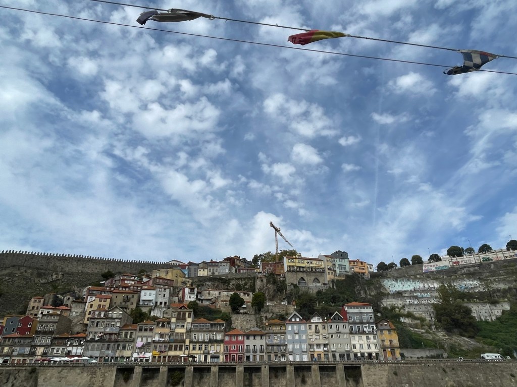 The picture shows a view to Porto from the river